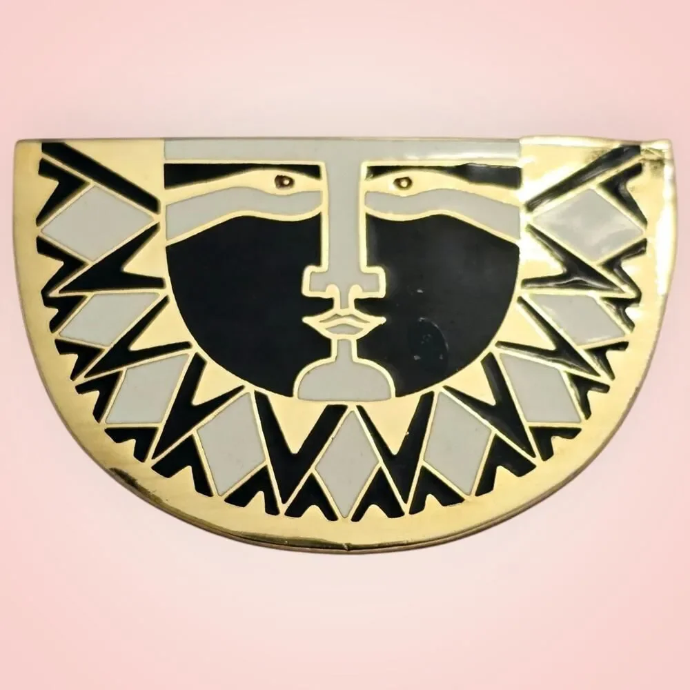 Laurel Burch 'SUNFACE' Pin Brooch Tribal Art Deco Look Black &‎ Cream Gold Tone